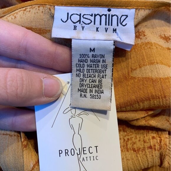 Vintage 90s Maxi Dress Abstract Watercolor Floral Tie Back Size Medium Rust Must - Picture 8 of 8